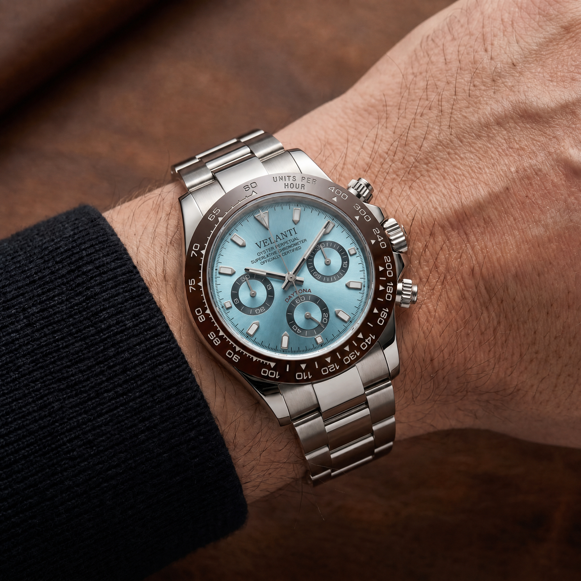 Daytona-style custom chronograph watch, Velanti Milano Veltona Platinum worn on wrist photo 4