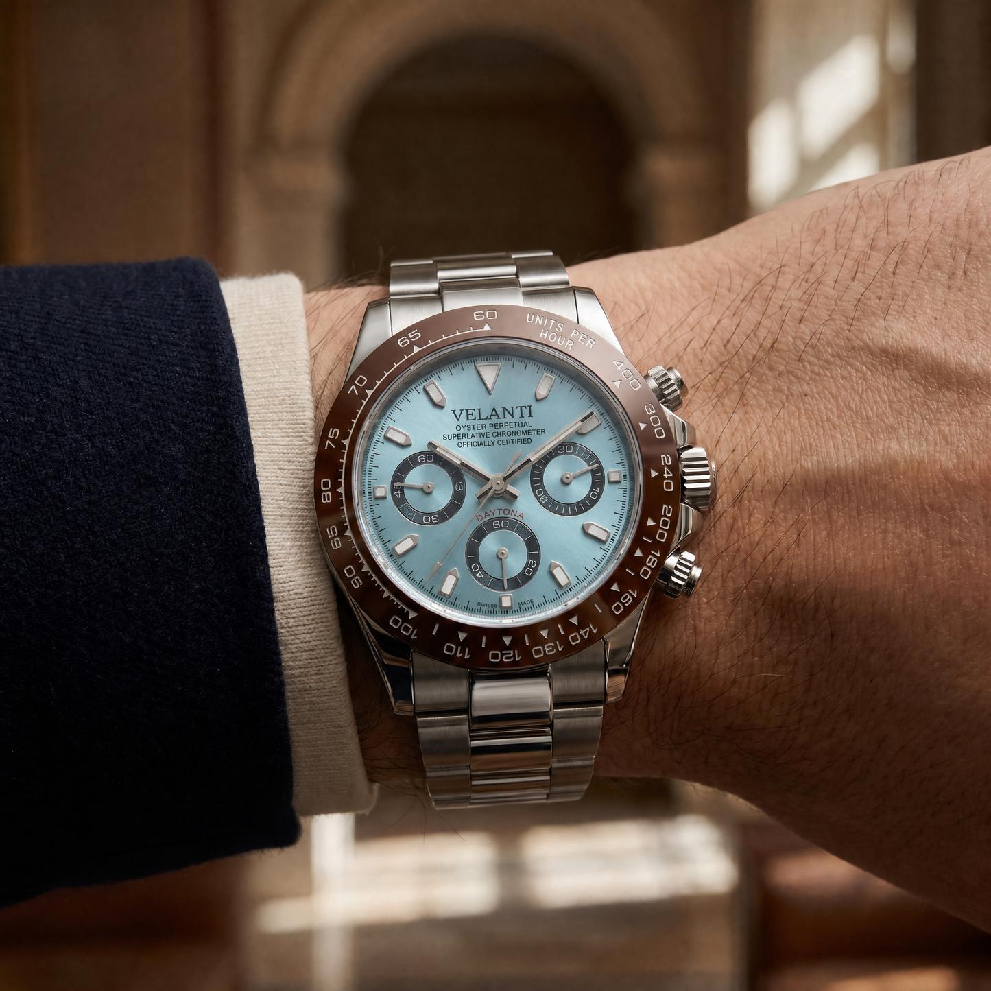 Daytona-style custom chronograph watch, Velanti Milano Veltona Platinum, product photo 5