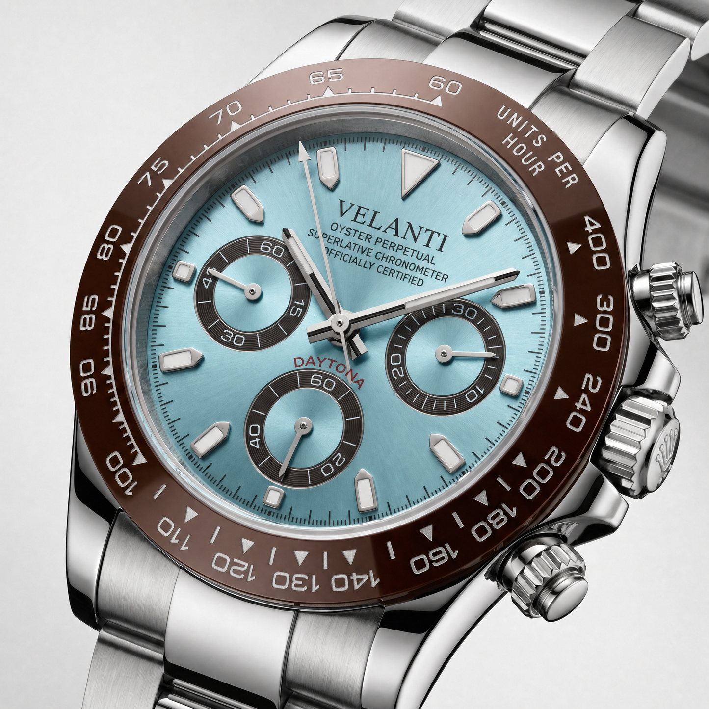 Daytona-style custom chronograph watch, Velanti Milano Veltona Platinum, watch detail photo 6