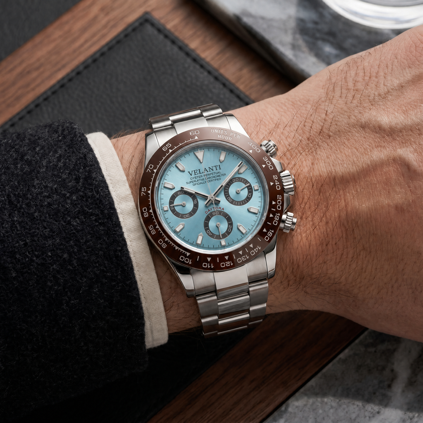Daytona-style custom chronograph watch, Velanti Milano Veltona Platinum worn on wrist photo 8