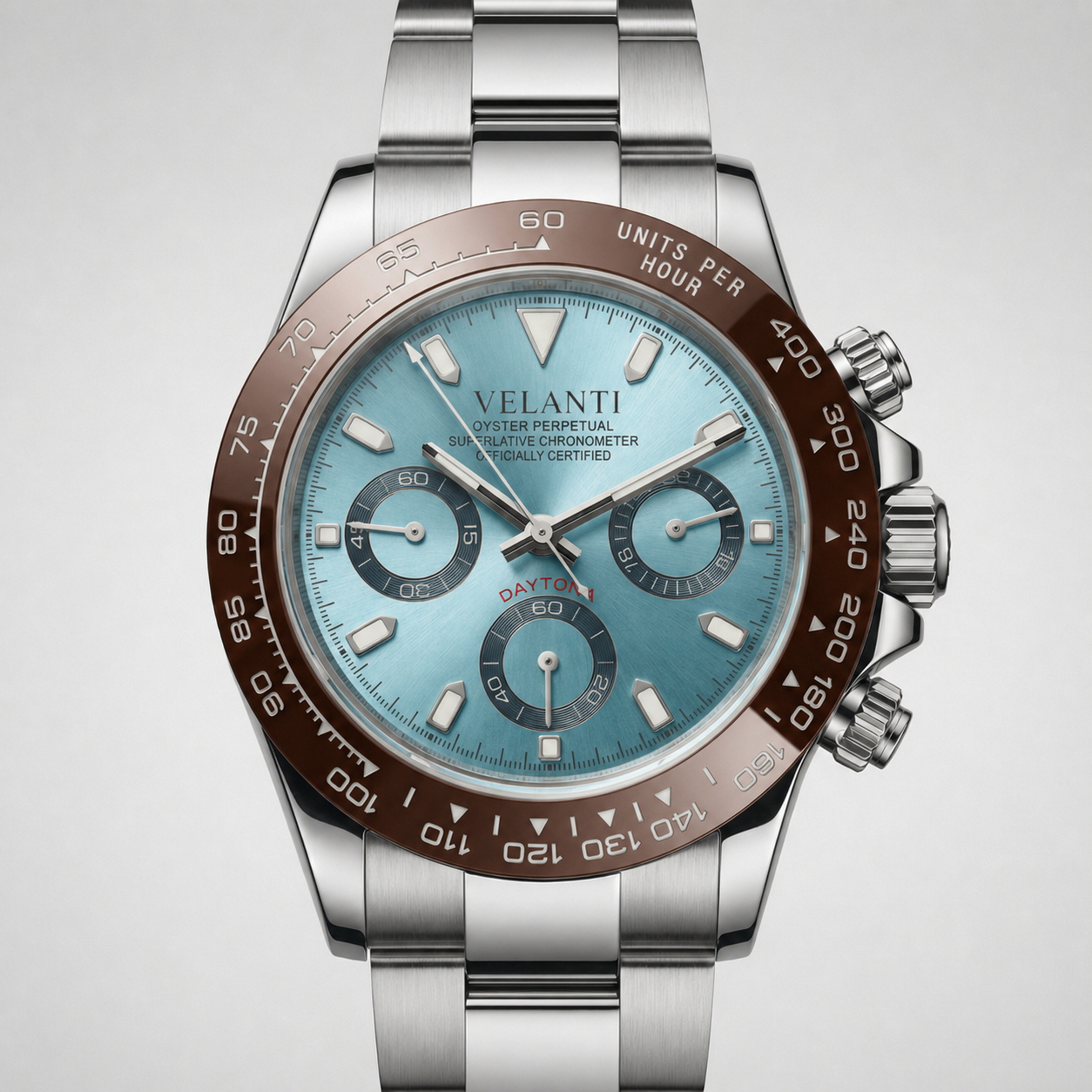 Daytona-style custom chronograph watch, Velanti Milano Veltona Platinum, product photo 2