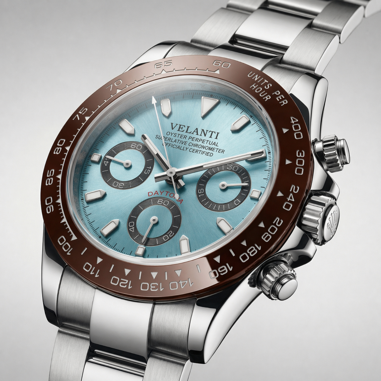 Daytona-style custom chronograph watch, Velanti Milano Veltona Platinum, product photo 3