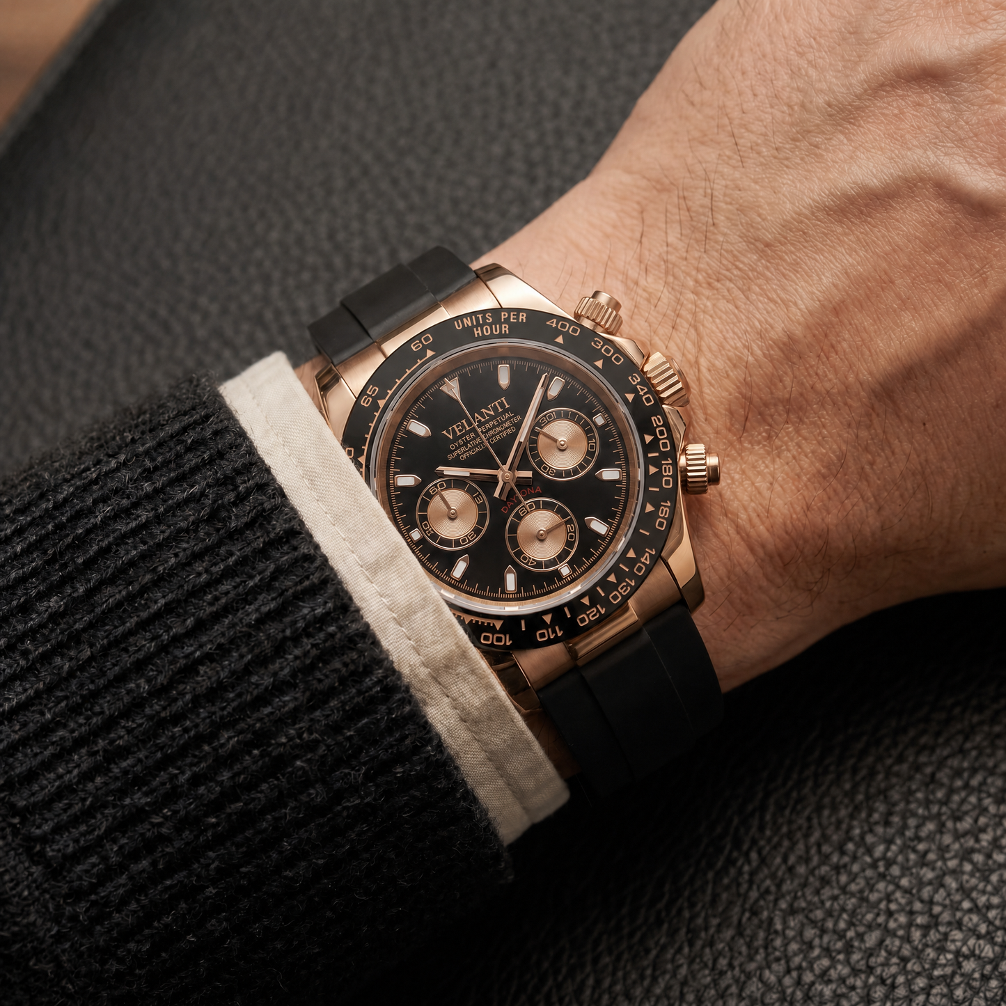 Daytona-style custom chronograph watch, Velanti Milano Veltona Rose Gold, product photo 2