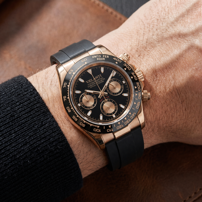 Daytona-style custom chronograph watch, Velanti Milano Veltona Rose Gold worn on wrist