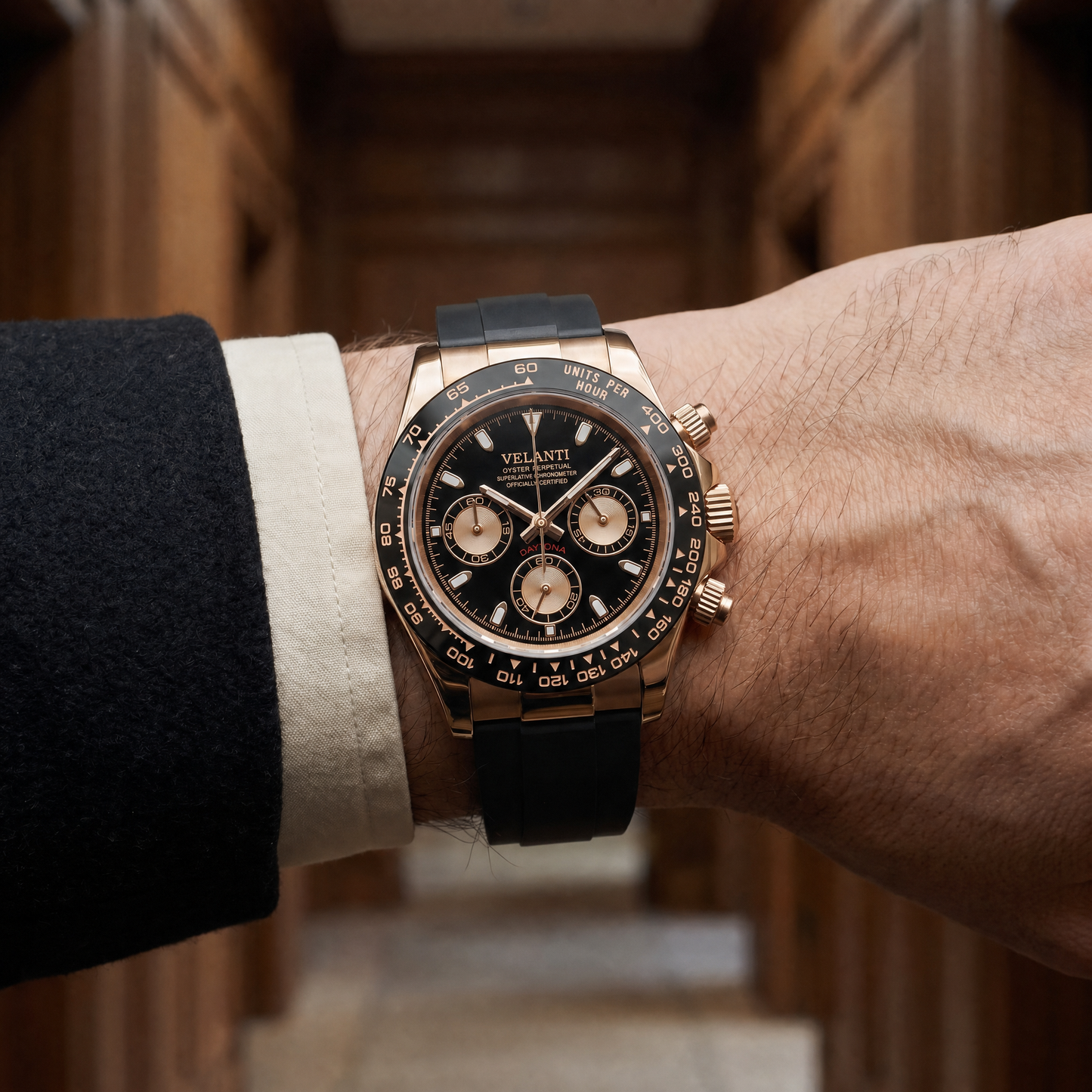Daytona-style custom chronograph watch, Velanti Milano Veltona Rose Gold, product photo 6