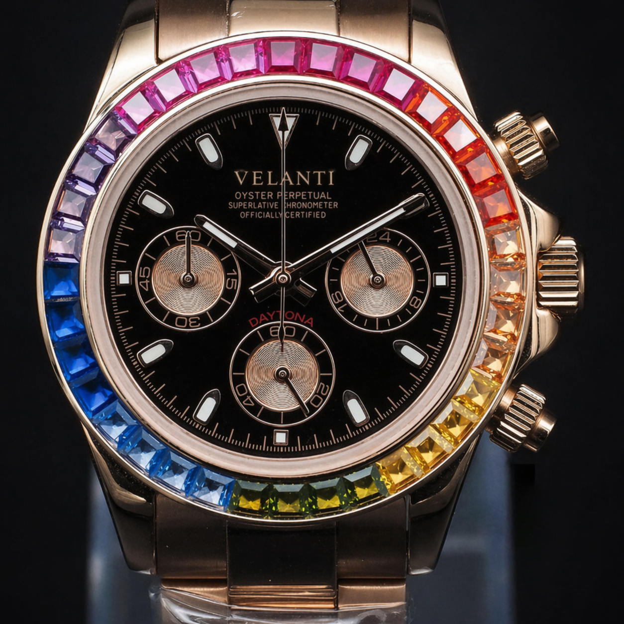 Daytona-style custom chronograph watch, Velanti Milano Veltona Rose Gold Rainbow, product photo 2