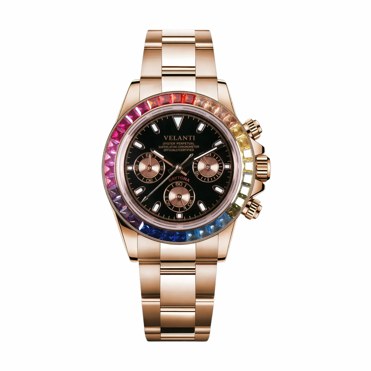 Daytona-style custom chronograph watch, Velanti Milano Veltona Rose Gold Rainbow, main product photo