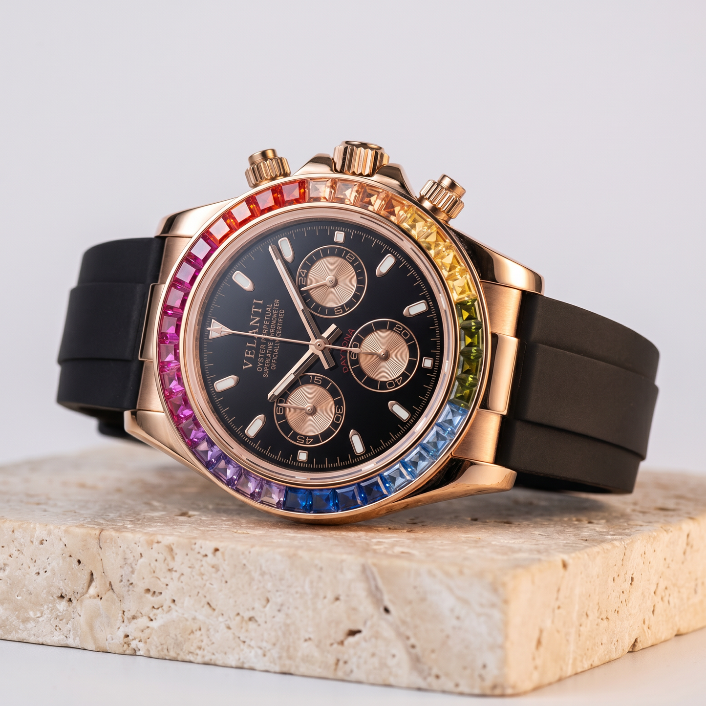 Daytona-style custom chronograph watch, Velanti Milano Veltona Rose Gold Rainbow, product photo 7