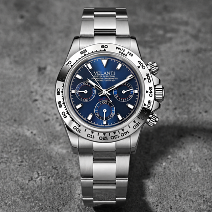 Daytona-style custom chronograph watch, Velanti Milano Veltona Silver Blue, bracelet detail photo