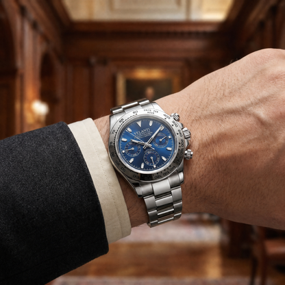 Daytona-style custom chronograph watch, Velanti Milano Veltona Silver Blue, product photo 4