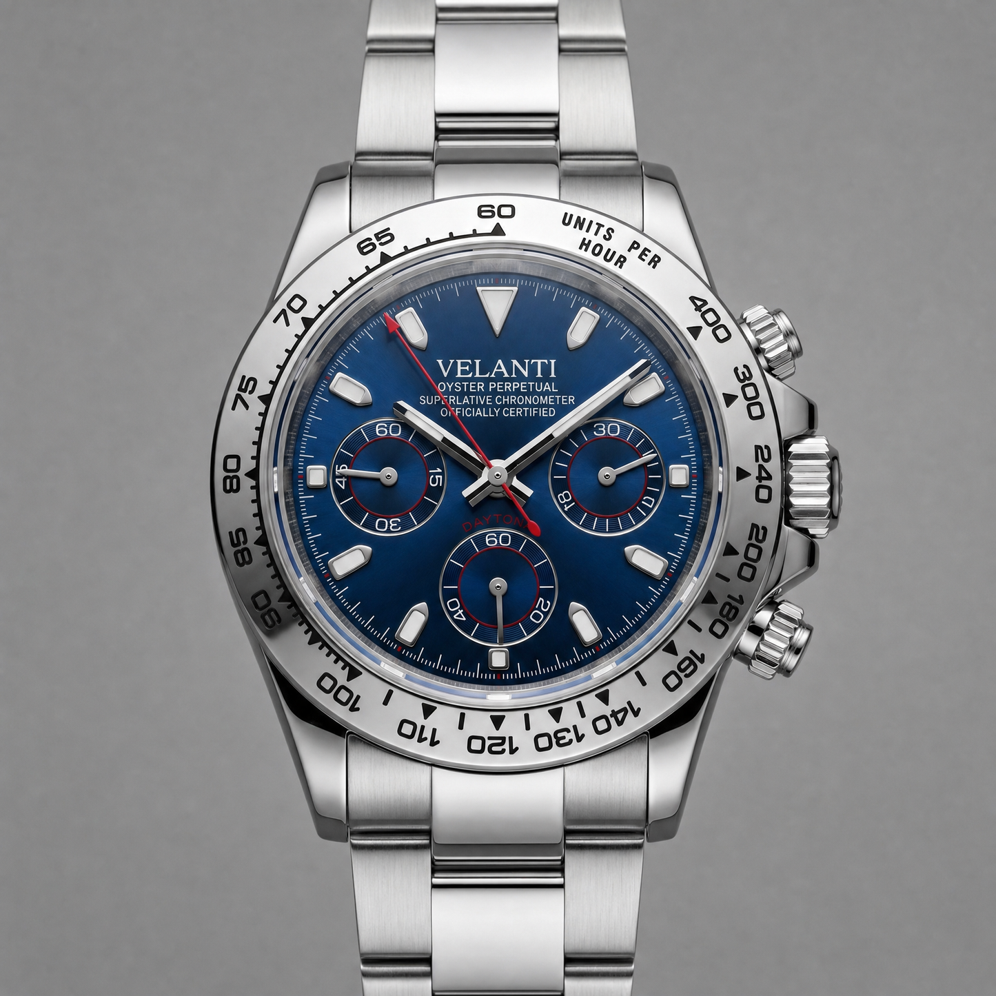 Daytona-style custom chronograph watch, Velanti Milano Veltona Silver Blue, watch detail photo 5