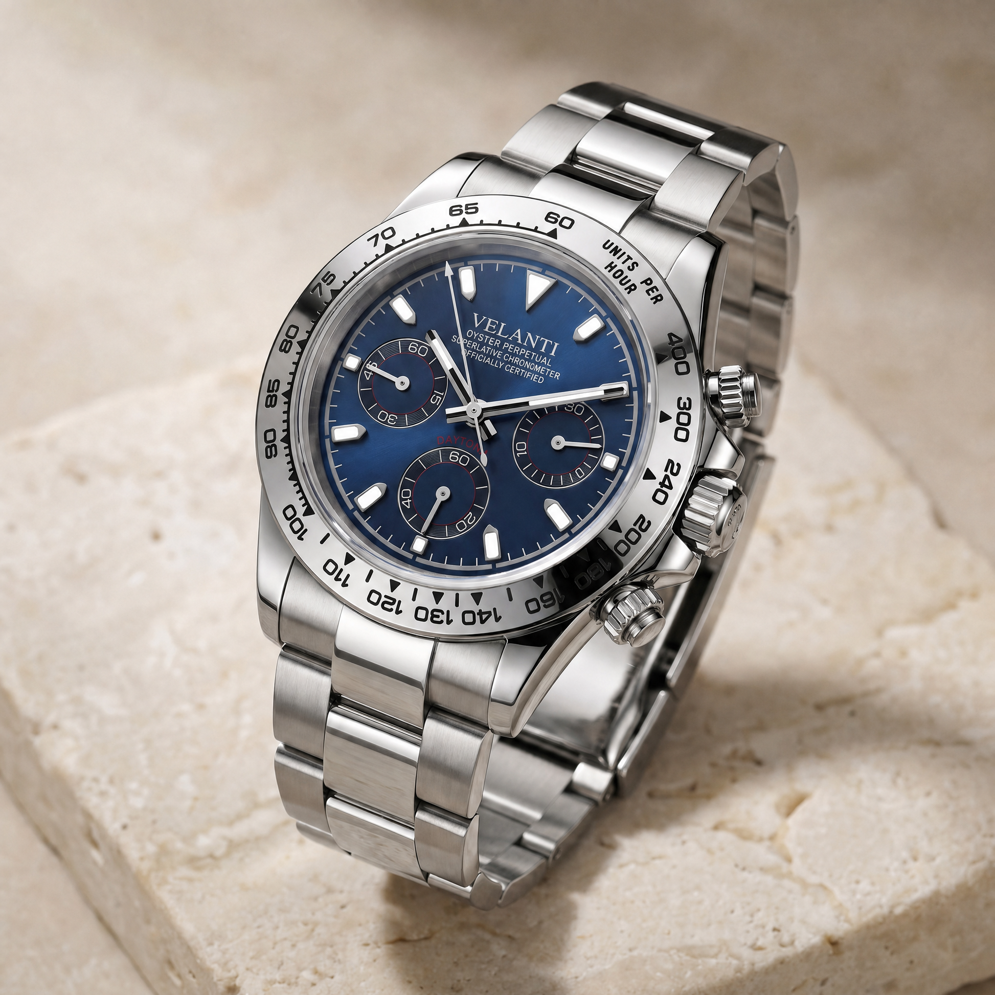Daytona-style custom chronograph watch, Velanti Milano Veltona Silver Blue, watch detail photo 6