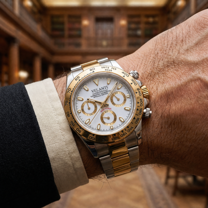Daytona-style custom chronograph watch, Velanti Milano Veltona Silver Gold (White), product photo 6