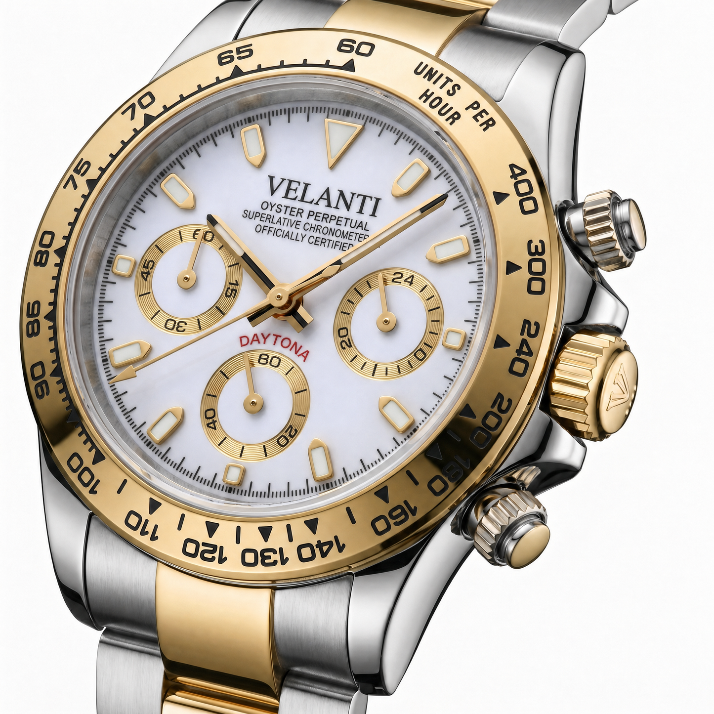 Daytona-style custom chronograph watch, Velanti Milano Veltona Silver Gold (White), watch detail photo 7