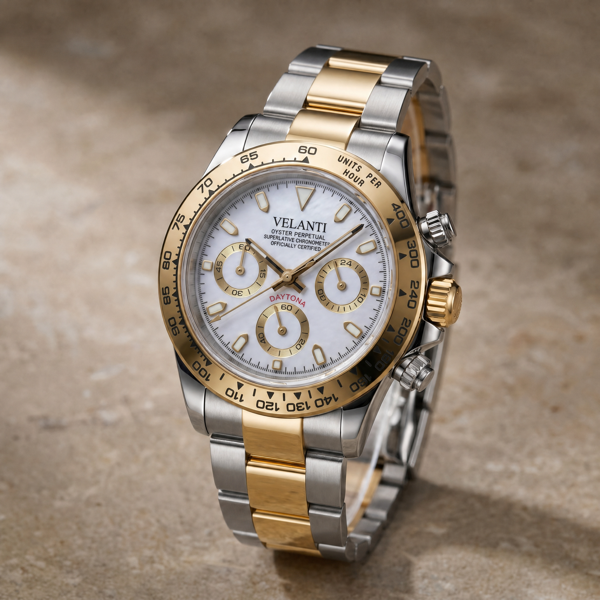 Daytona-style custom chronograph watch, Velanti Milano Veltona Silver Gold (White), watch detail photo 8