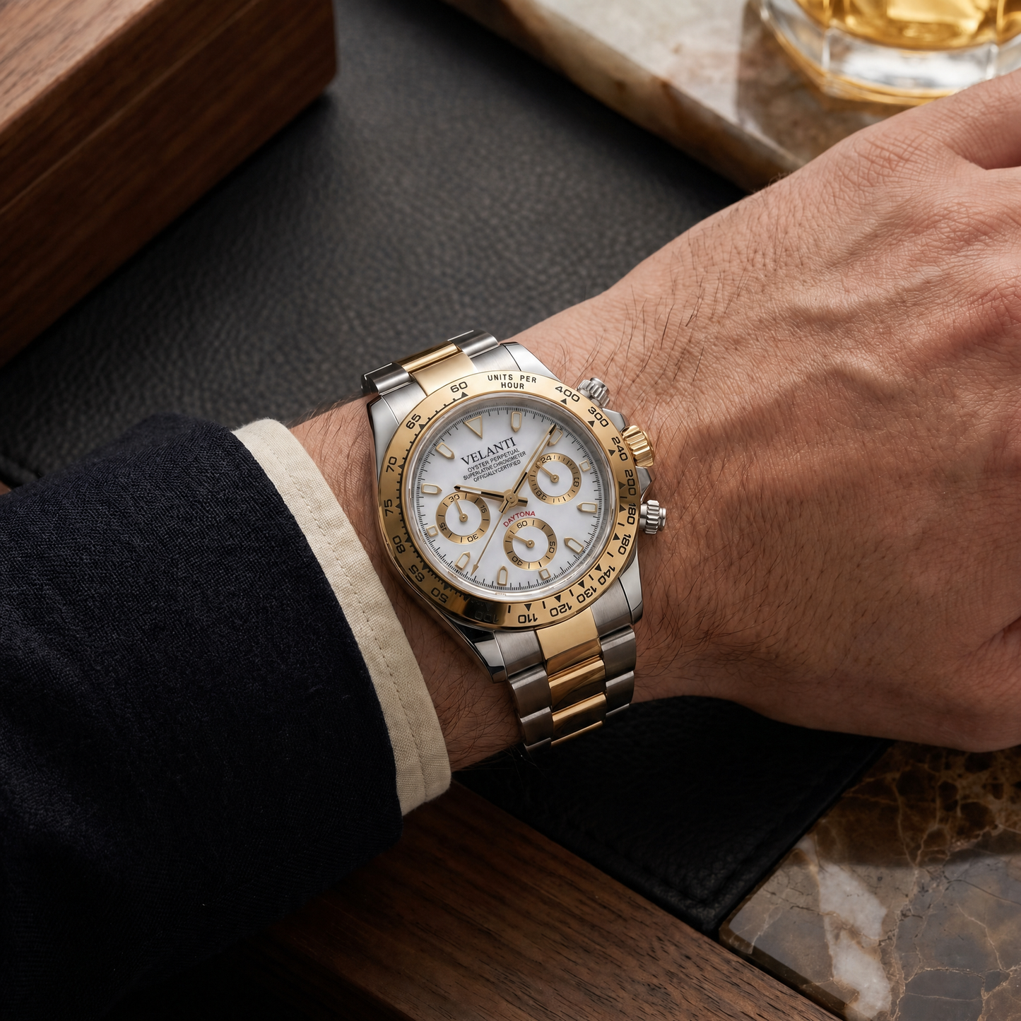 Daytona-style custom chronograph watch, Velanti Milano Veltona Silver Gold (White) worn on wrist