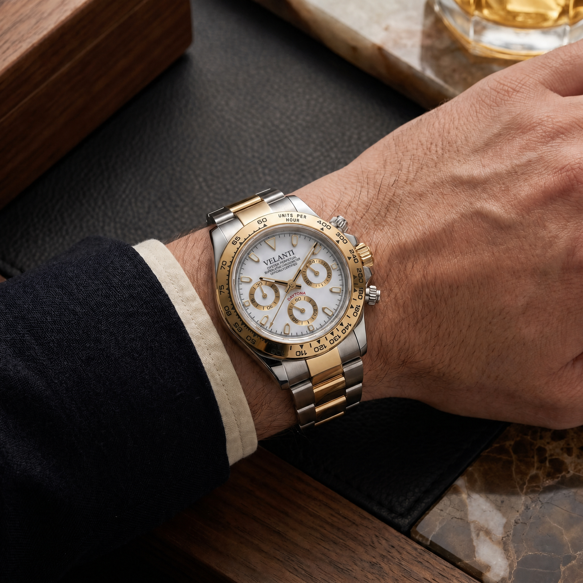 Daytona-style custom chronograph watch, Velanti Milano Veltona Silver Gold (White) worn on wrist