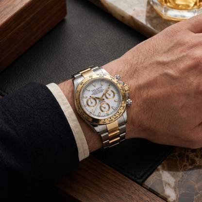 Daytona-style custom chronograph watch, Velanti Milano Veltona Silver Gold (White) worn on wrist