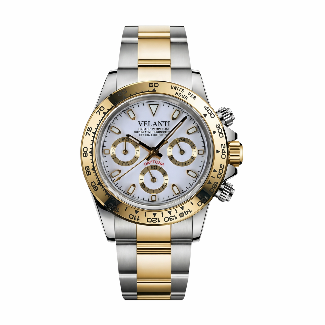 Daytona-style custom chronograph watch, Velanti Milano Veltona Silver Gold (White), main product photo