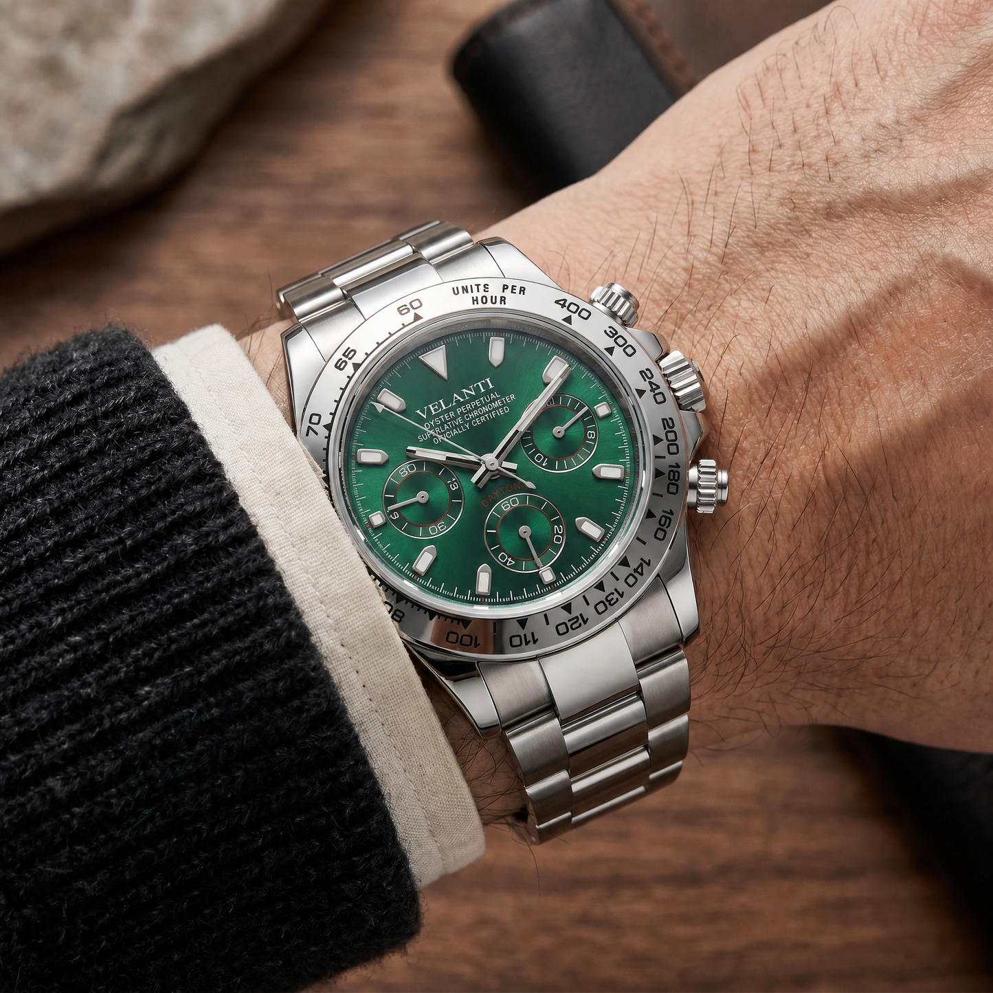 Daytona-style custom chronograph watch, Velanti Milano Veltona Silver Green, product photo 6