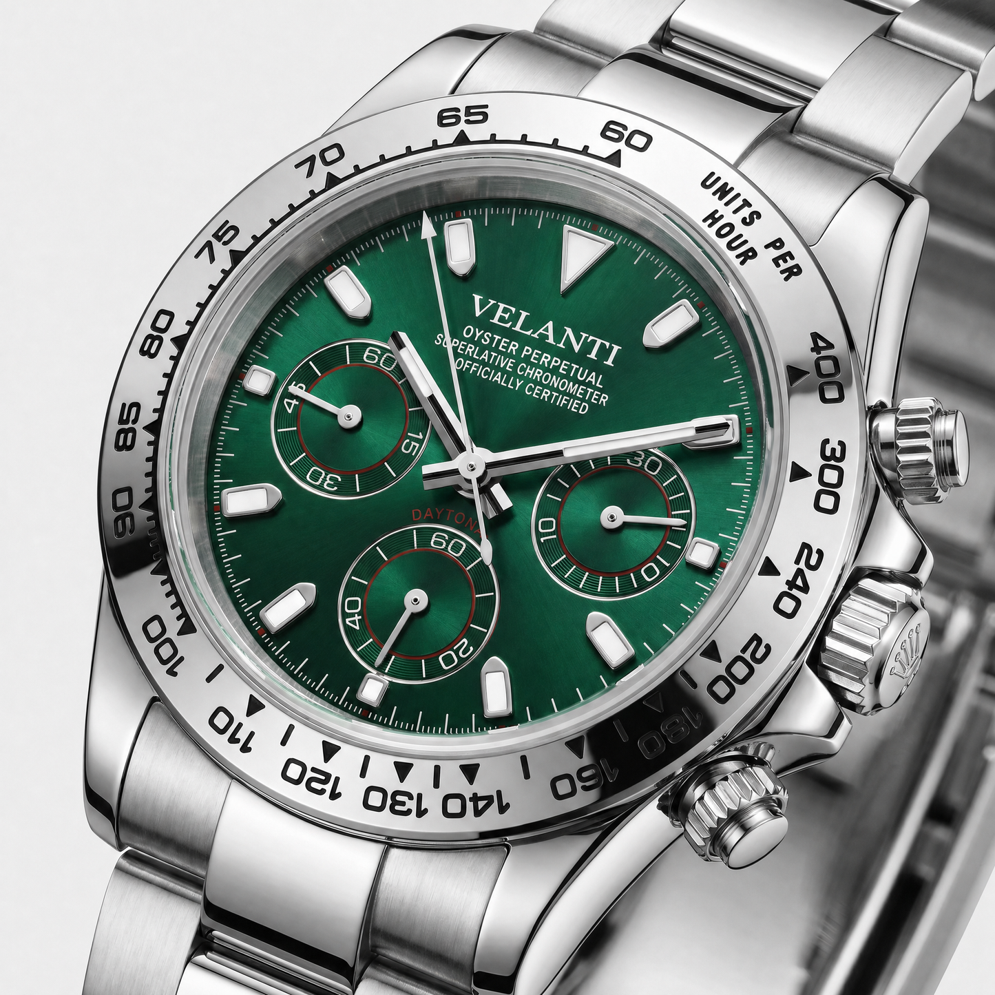 Daytona-style custom chronograph watch, Velanti Milano Veltona Silver Green, watch detail photo 10