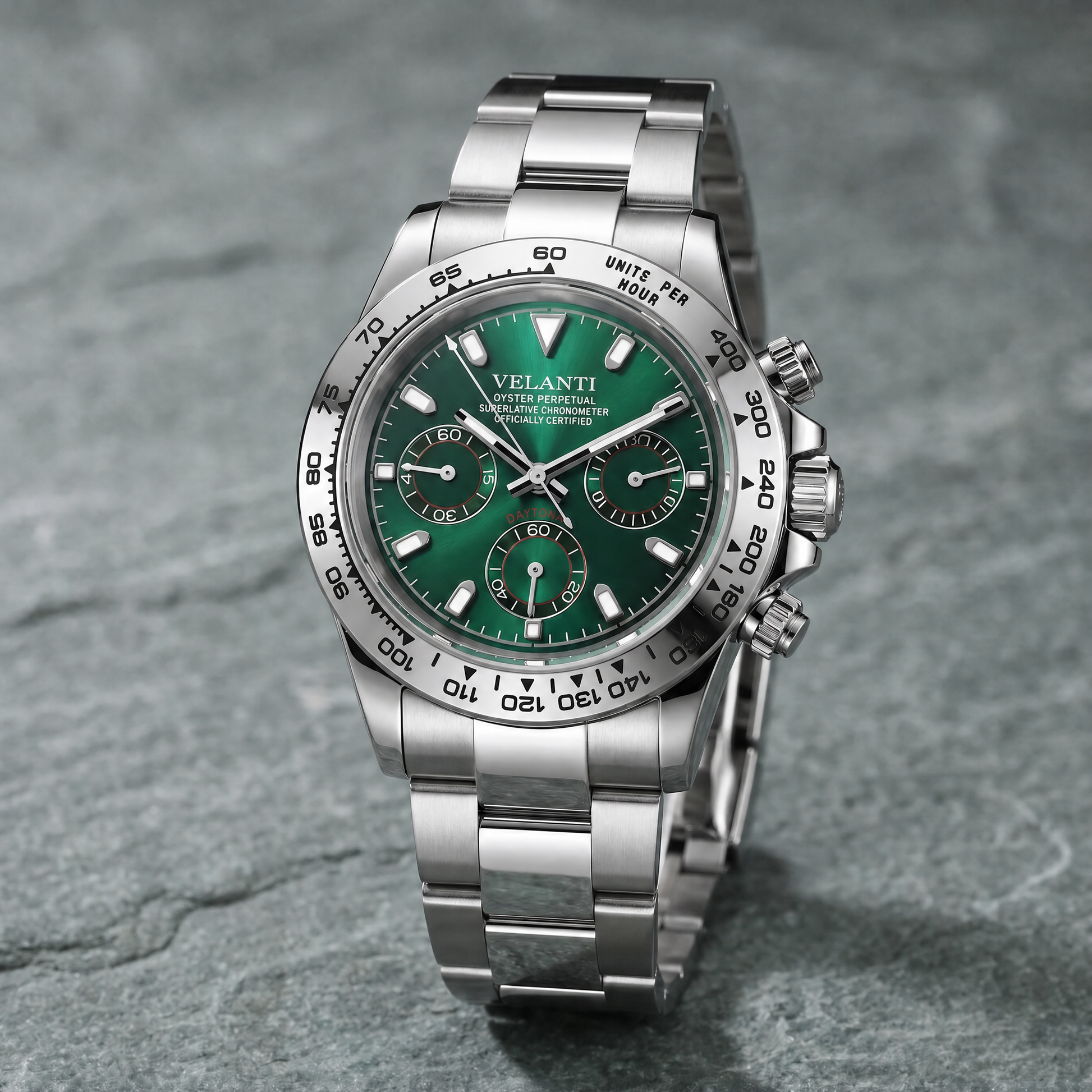 Daytona-style custom chronograph watch, Velanti Milano Veltona Silver Green, watch detail photo 11