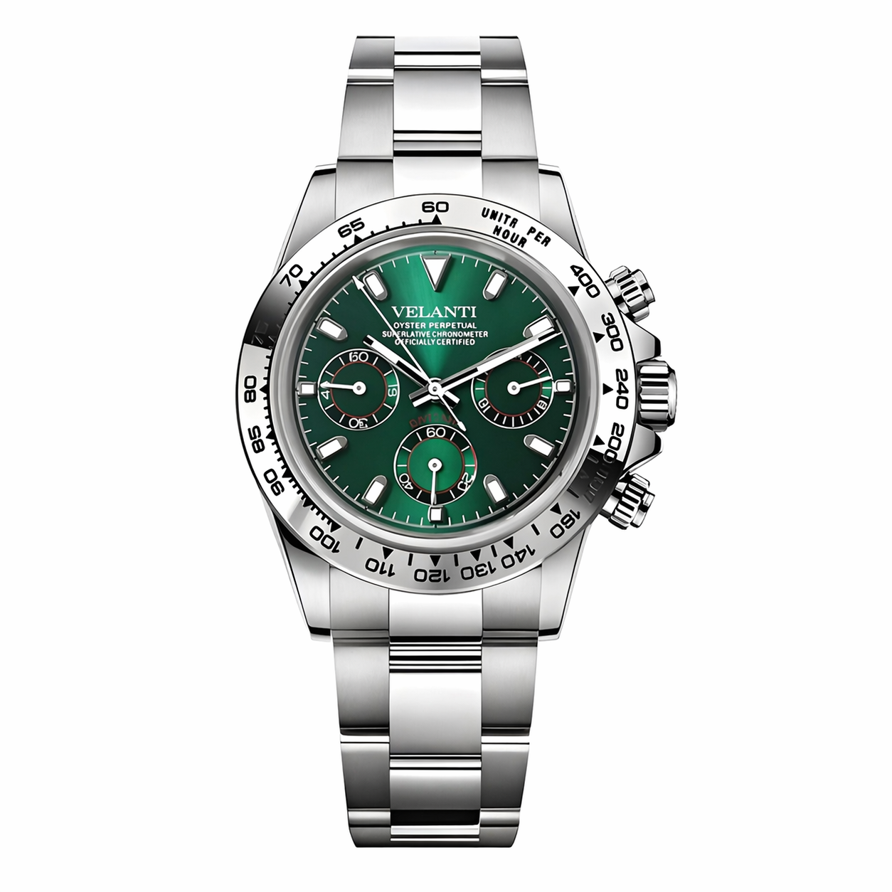 Daytona-style custom chronograph watch, Velanti Milano Veltona Silver Green, main product photo